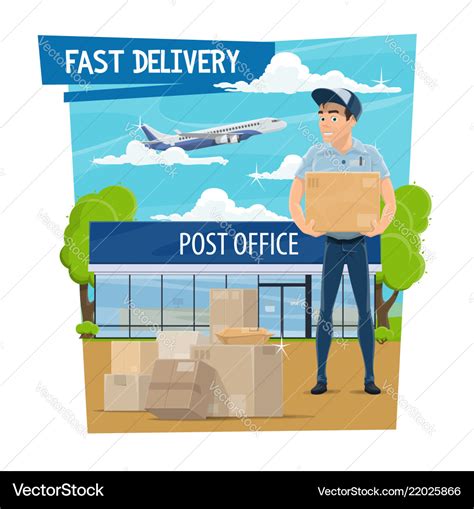 Post office and mail delivery poster with mailman Vector Image