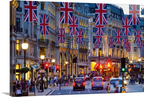 UK, England, London, Regent Street, Taxis and Union Jack Flags Wall Art ...