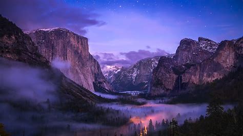 HD wallpaper: Yosemite National Park, fog, waterfalls, valley, night ...