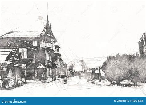 Wooden Architecture of Zakopane at Day, Poland, Illustration Art Drawing Sketch Stock ...