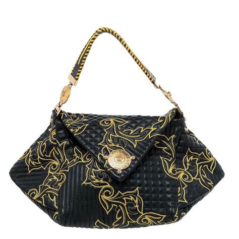 Versace Black/Yellow Barocco Leather Floral Stitch Top Handle Bag at ...