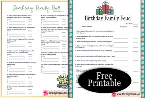 Free Printable Birthday Family Feud Game and Survey Key