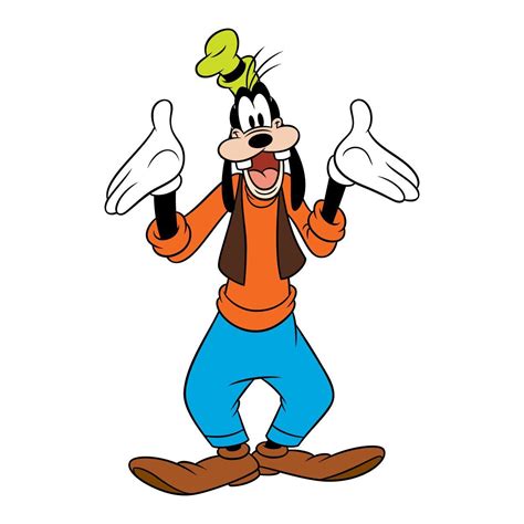 the goofy character is wearing blue pants and an orange shirt with his hands in the air