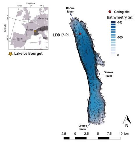 -Location of Lake Bourget in the Alps, its bathymetry, and location of ...