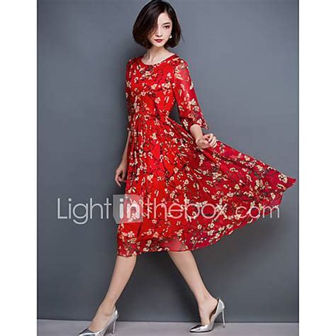 Women's Sexy Floral Plus Size / Swing Dress , Round Neck Knee-length Silk 4868237 2017 – $22.99