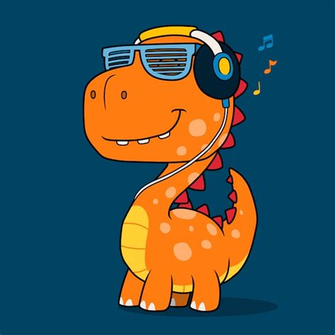 Premium Vector | Cool dinosaur listening music with headphones