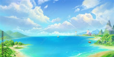 Sea Town, Seaside, Beach and Coast. Fantasy Backdrop. Concept Art ...