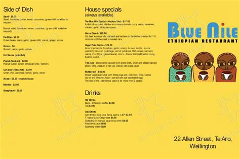 Menu at Blue Nile Ethiopian Restaurant, Wellington