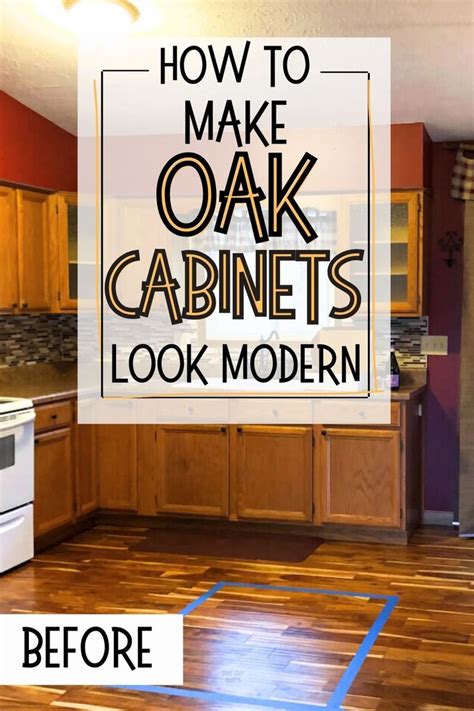 oak kitchen cabinets with wood floor, red walls with text overlay how to make oak cabinets look ...