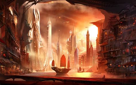 Alex Ruiz Future Harbor sci fi science fiction architecture | Fantasy city, City wallpaper ...