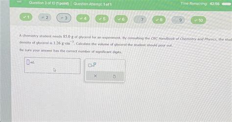 Solved A chemistry student needs 85.0 g of glycerol for an | Chegg.com