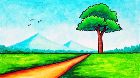 How to Draw Simple Nature Landscape | Easy Scenery Drawing - YouTube