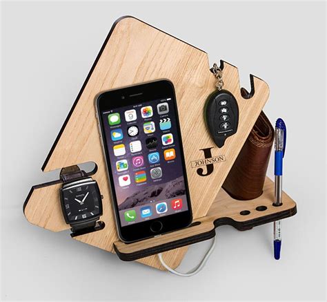 Laser Cut Wood Phone Docking Station With Key Holder Wallet Stand Watch ...