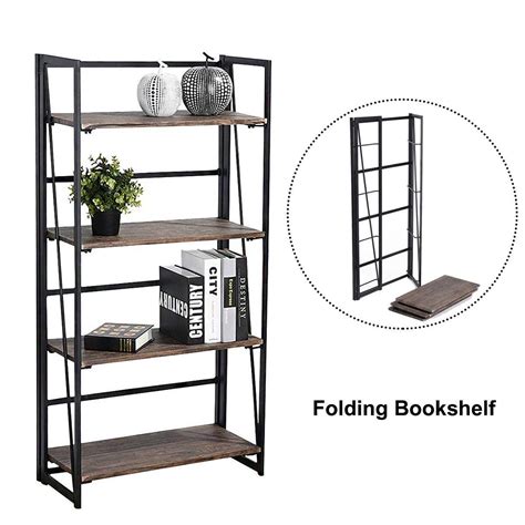 Coavas Folding Bookcase 4-Tiers Bookshelf Wood Rack Cabinet No-Assembly Industrial Display ...