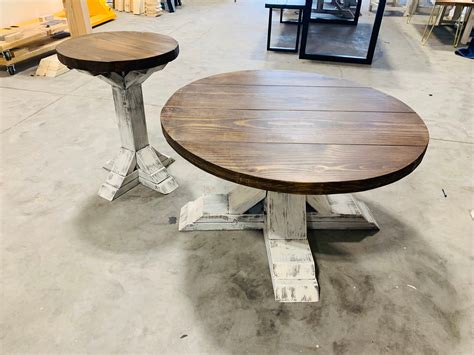 Round Farmhouse Rustic Coffee Table and End Table With Pedestal Base ...