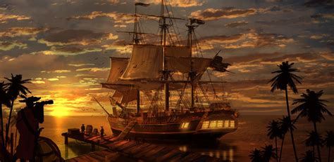 Pirate Ship Sunset Fantasy HD Wallpaper