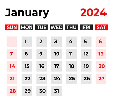 January 2024 Monthly Calendar Design In Clean Look Vector, January 2024 ...