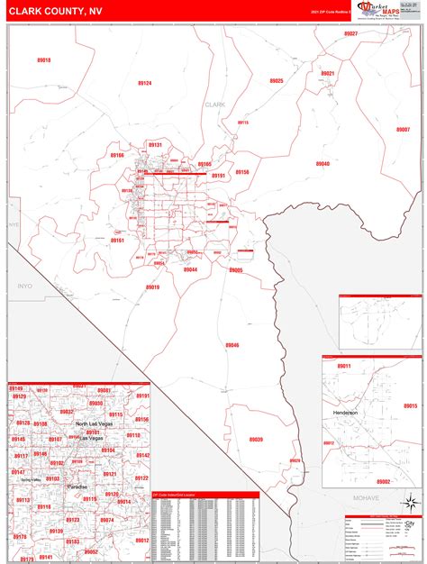 Clark County, NV Zip Code Wall Map Red Line Style by MarketMAPS - MapSales