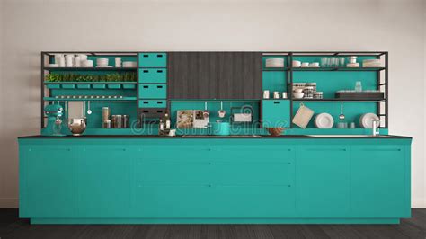 Minimalist Turquoise Wooden Kitchen with Appliances Close-up, Sc Stock Illustration ...