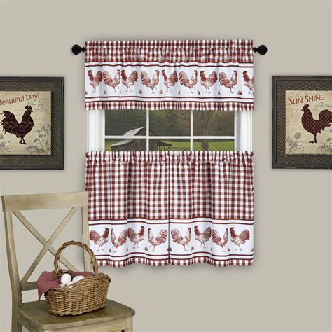 Country Home Plaid Rooster Kitchen Curtain Tier & Valance Set (36 in. L) - Burgundy - Walmart.com