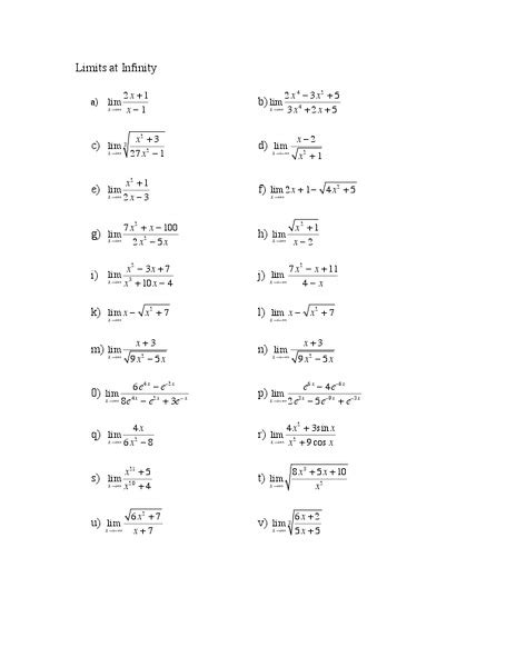 Limits at Infinity Worksheet for 11th - 12th Grade | Lesson Planet