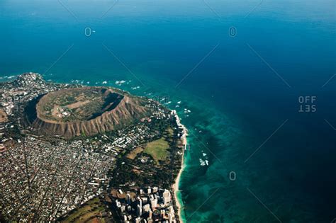 Aerial view of Honolulu and the Diamond Head, Oahu Island, Hawaii stock photo - OFFSET