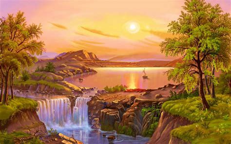 Beautiful Landscape Summer Painting River Lake Waterfall Art Images Desktop Hd Wallpaper ...
