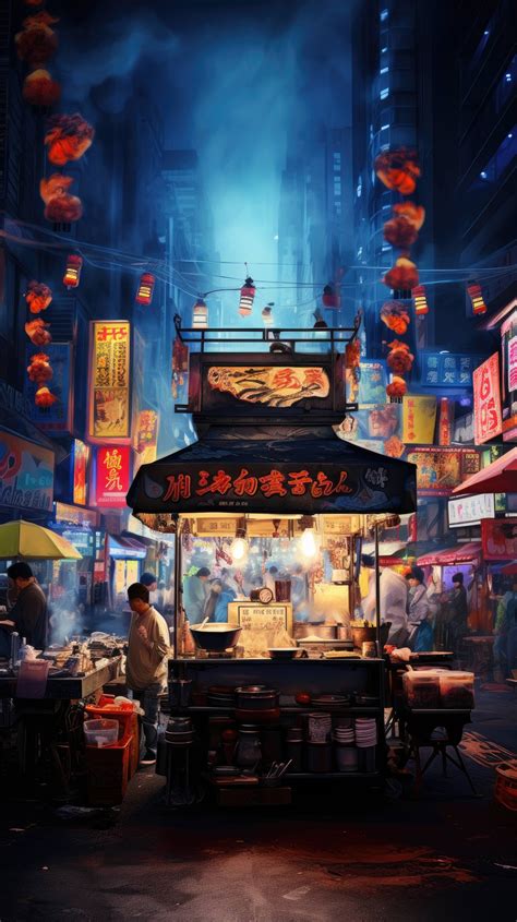 Street food vendor, bustling sidewalk, painted by neon signs