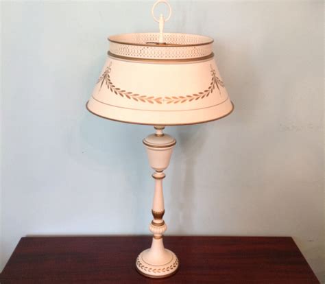 Tole table lamp toleware tall creamy white metal with gold