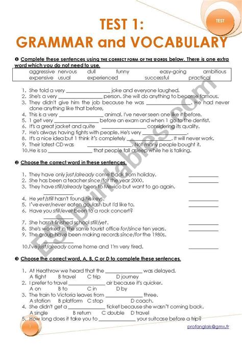 TEST 1 GRAMMAR and VOCABULARY - ESL worksheet by pipof