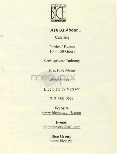 Menu of Bice Ristorante in New York, NY 10022