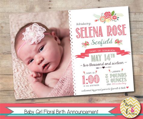 Photo Birth Announcement Printable Girl Baby Announcement | Etsy | Floral birth announcement ...
