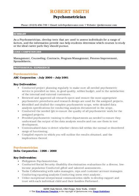 Psychometrician Resume Samples | QwikResume