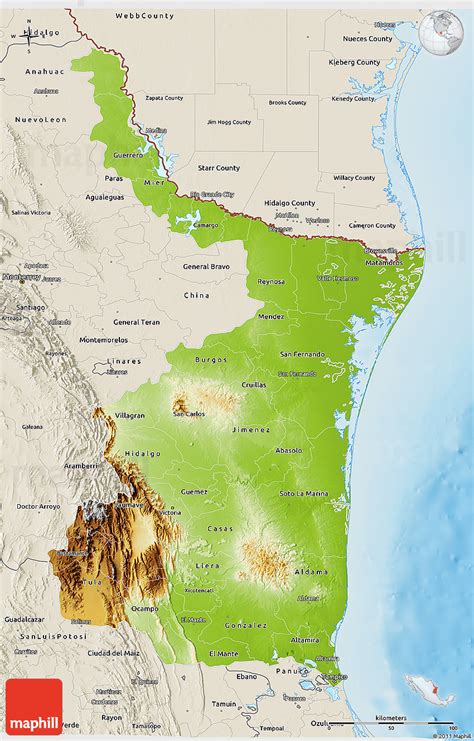 Physical 3D Map of Tamaulipas, shaded relief outside