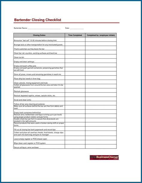 √ Free Printable Restaurant Closing Checklist Template | Checklist ...