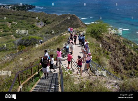 Hikers on Diamond Head Crater Trail in Honolulu, Hawaii Stock Photo ...