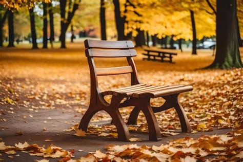 Premium AI Image | a wooden chair in a park with autumn leaves on the ground