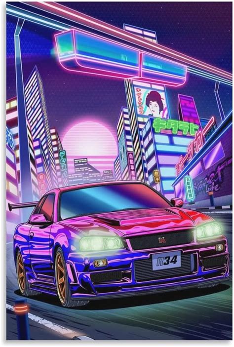 Amazon.com: MOUYISHU DECOR Nissan GTR R34 Neon Nightcar Poster HD Canvas Print Personalized ...