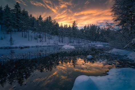 Download Forest Lake Sunrise Snow Nature Winter HD Wallpaper