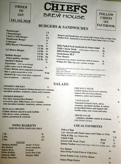 Menu at Chiefs Brew House BBQ, Coburg