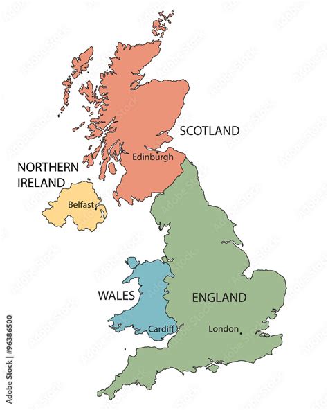 colorful map of countries of United Kingdom with indication of capital ...