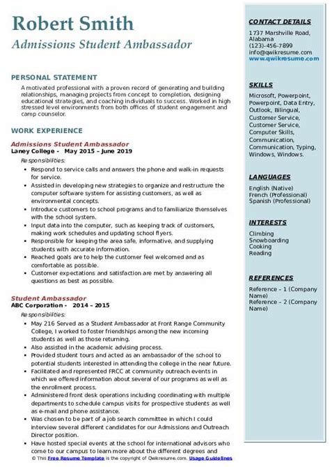 Ambassador Resume Sample