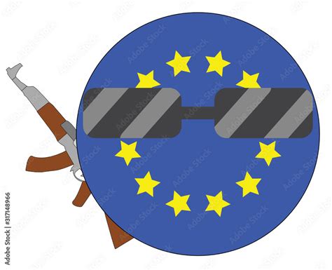 Cool EU flag emoji. Round European flag emoticon wearing sunglasses and holding a machine gun ...