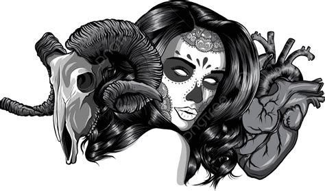 Woman With Goat Skull And Heart Depicted In Vector Illustration Vector, Sugar, Head, Anatomy PNG ...