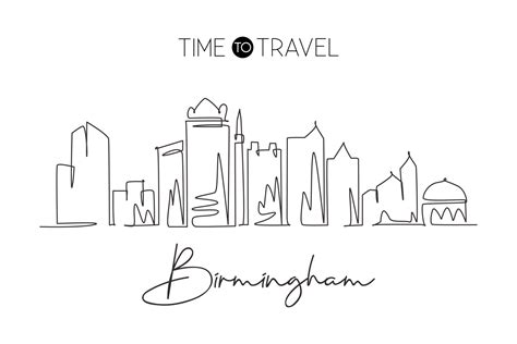 One continuous line drawing of Birmingham city skyline, Alabama. Beautiful landmark art. World ...