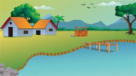 Village cartoon background illustration with old style cottage, lake ...