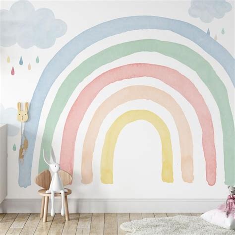 Watercolor Rainbow Wall Mural, Colorful Rainbow and Raindrops Wall Mural, Watercolor Rainbow ...