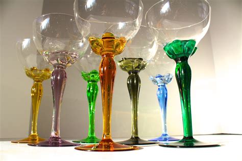 Vintage Colored Wine Glasses or Champagne Coupes. Set of 7.