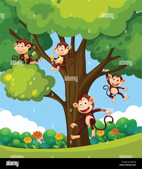 Monkey playing at the tree illustration Stock Vector Image & Art - Alamy