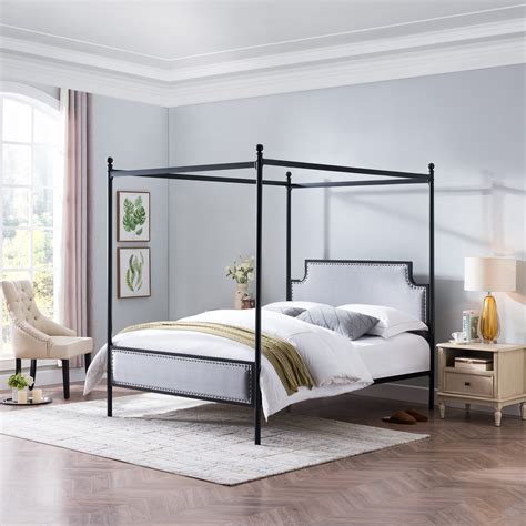 Asa Queen Size Iron Canopy Bed Frame with Upholstered Studded Headboard, Gray and Flat Black ...